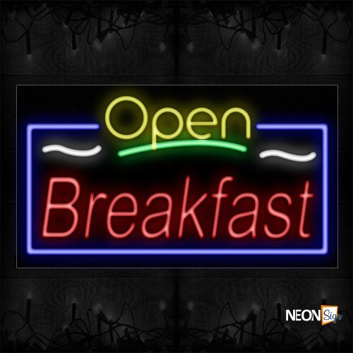 Image of 15420 Open Breakfast with blue border Neon Signs_20x37 Black Backing