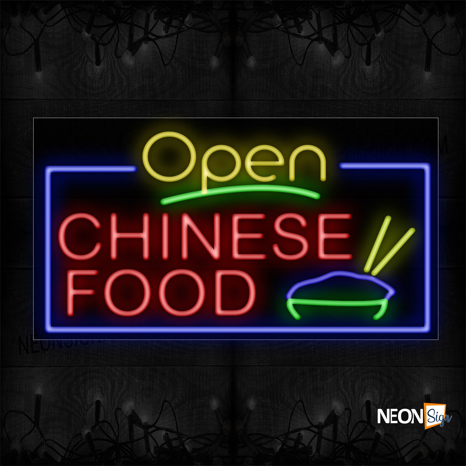 Image of 15423 Open Chinese Food With Border Neon Sign_20x37 Black Backing