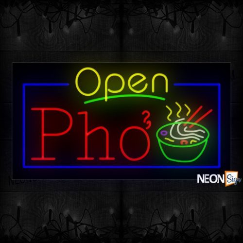 Image of 15435 Open Pho With Bowl With Blue Border Neon Signs 37x20 Black Backing
