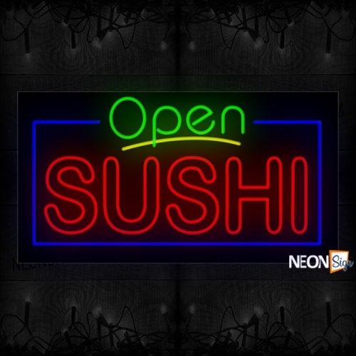 Image of 15437 Open Sushi(Double Stroke) With Blue Border Neon Signs 37x20 Black Backing