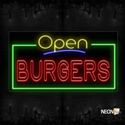Image of 15473 Open Burgers (Double Stroke) With Green Border Neon Sign_20x37 Black Backing