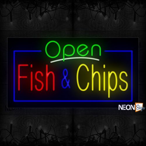 Image of Open Fish & Chips With Blue Border Neon Sign
