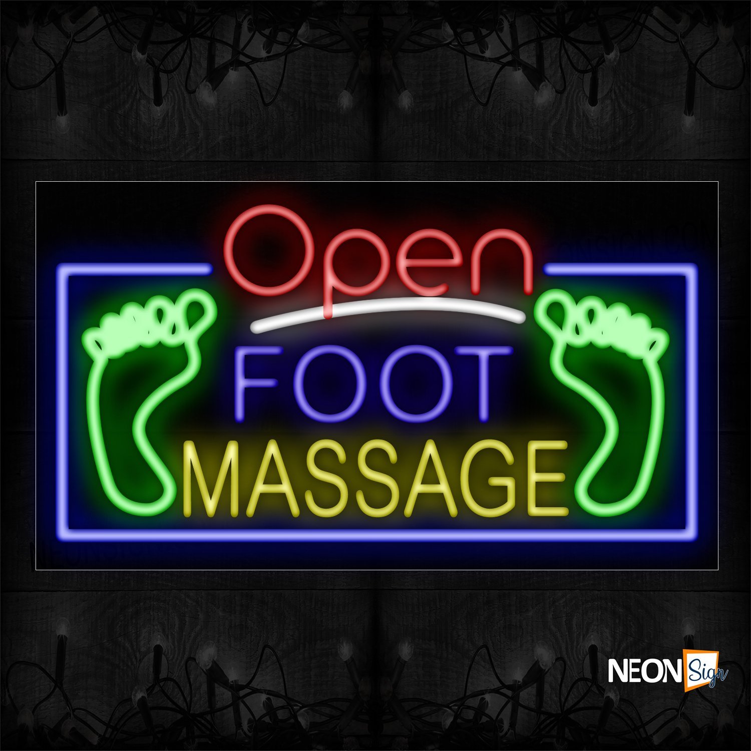 Image of Open Foot Message With Logo And Blue Border Neon Sign
