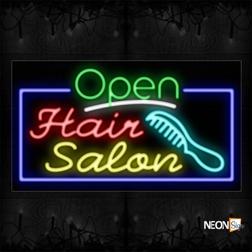 Image of Open Hair Salon With Comb Logo And Blue Border Neon Sign