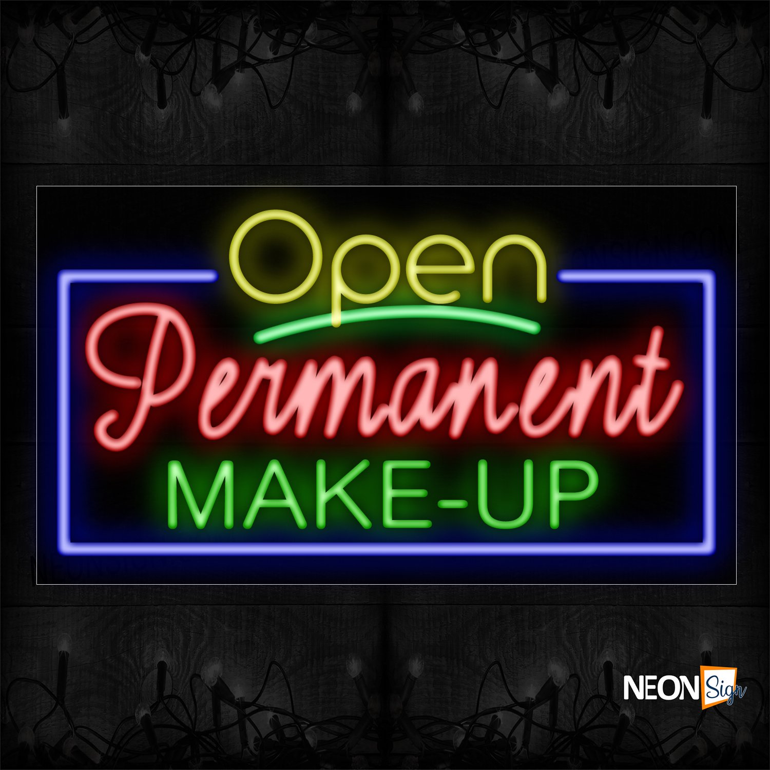 Image of Open Permanent Makeup With Blue Border Neon Sign