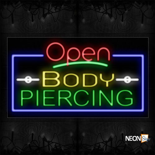 Image of Open Body Piercing With Blue Border Neon Sign