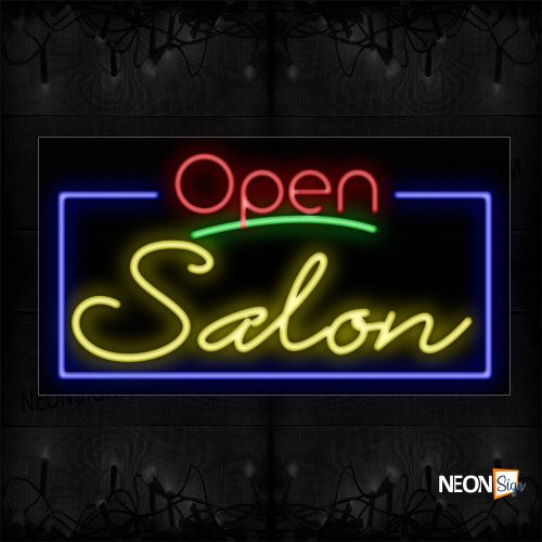 Image of Open Salon With Blue Border Neon Sign