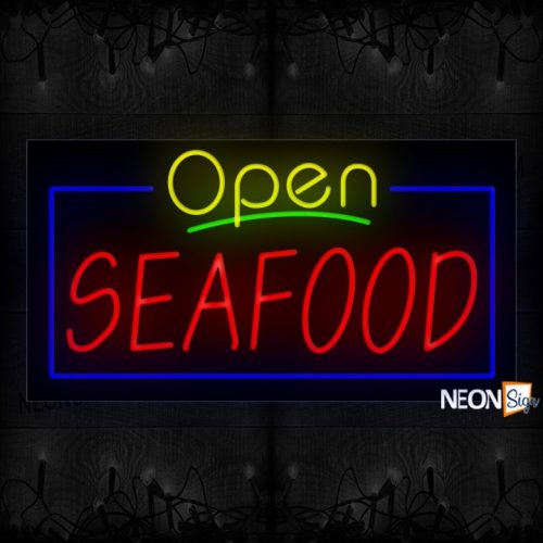 Image of Open Seafood With Blue Border Neon Sign