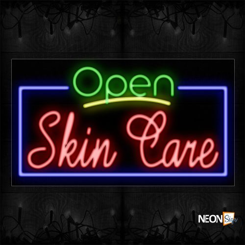 Image of Open Skin Care With Blue Border Neon Sign