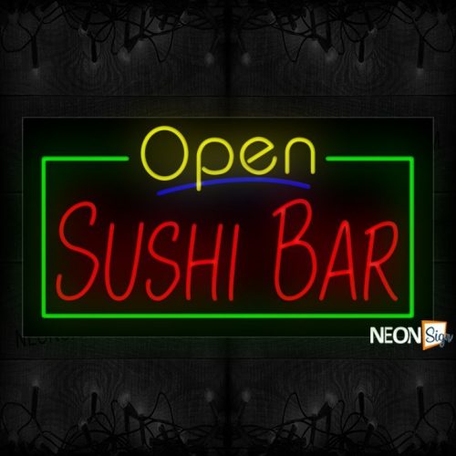 Image of 15575 Open Sushi Bars With Green Border Neon Signs 37x20 Black Backing