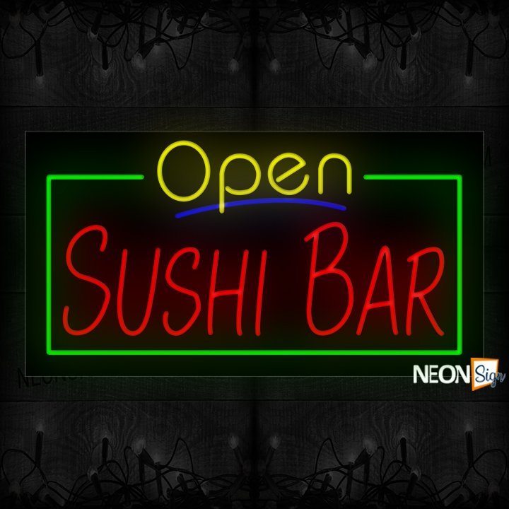 Image of 15575 Open Sushi Bars With Green Border Neon Signs 37x20 Black Backing