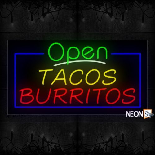 Image of Open Tacos Burritos With borderline Neon Sign