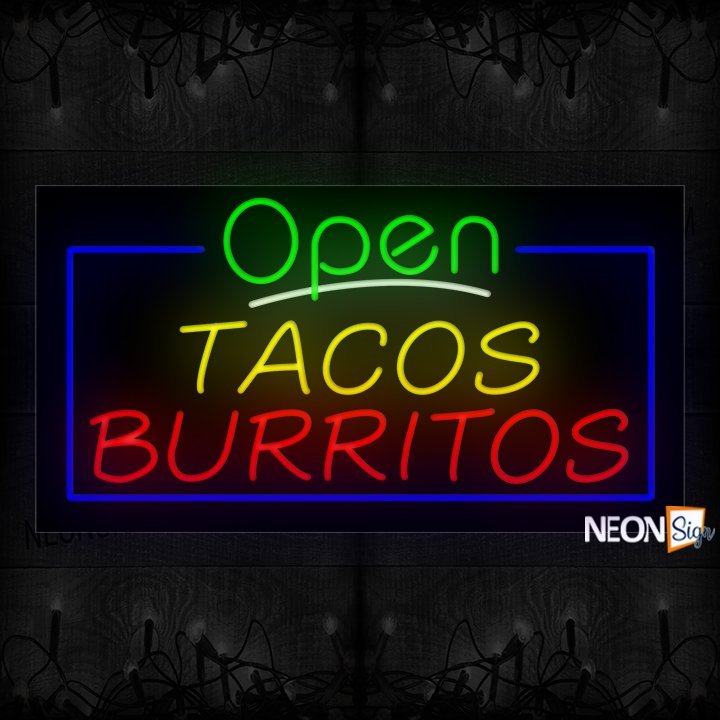 Image of Open Tacos Burritos With borderline Neon Sign
