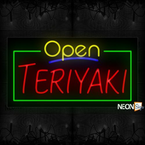 Image of 15586 Open Teriyaki With Green Border And Blue Line Neon Signs 37x20 Black Backing