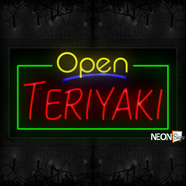 Image of 15586 Open Teriyaki With Green Border And Blue Line Neon Signs 37x20 Black Backing