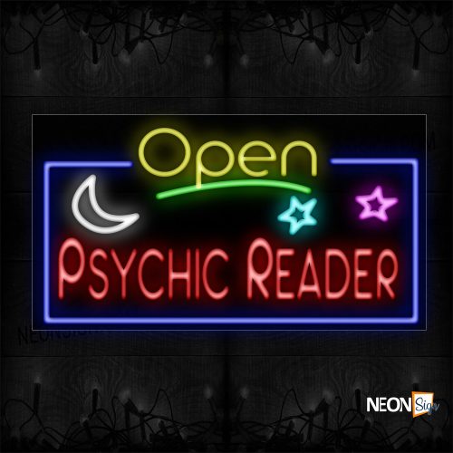 Image of 15600 Open Psychic Reader With Blue Border And Logo Neon Sign_20x37 Black Backing