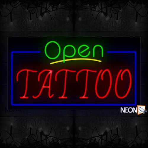 Image of 15582 Open Tattoo with blue border Neon Signs 20x37 Black Backing
