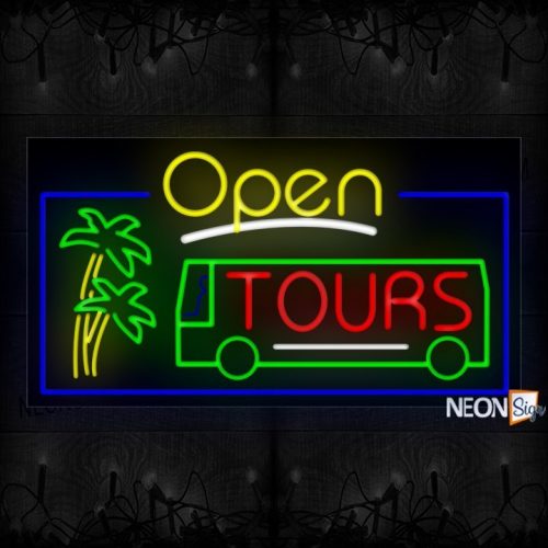 Image of Open Tours With Logo And Blue Border Neon Sign
