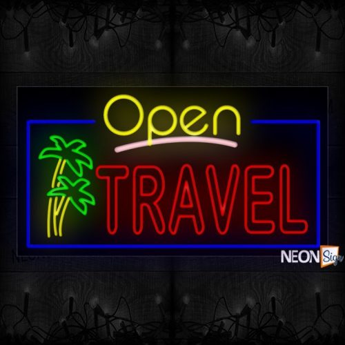 Image of Open Travel (Double Stroke) With Logo And Blue Border Neon Sign