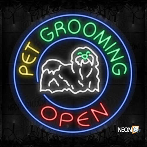 Image of Pet Grooming Open with dog logo and blue circle border LED Flex