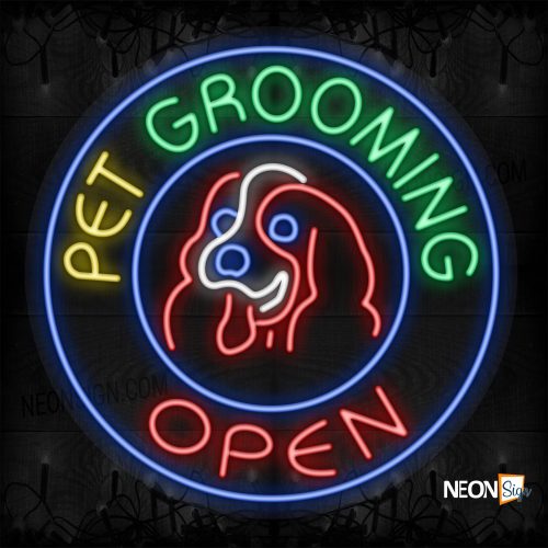 Image of Pet Grooming Open with red dog logo and blue circle border LED Flex