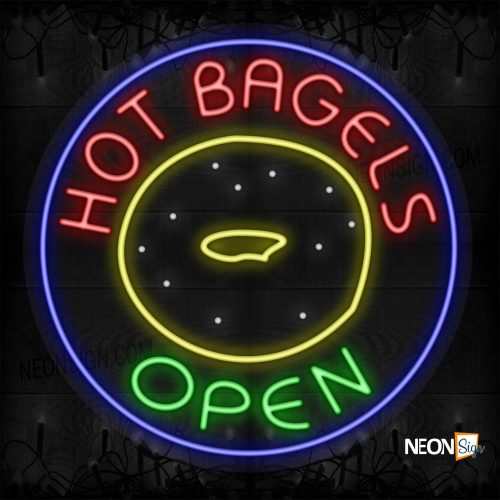 Image of Hot Bagels Open with donut logo and blue circle border LED Flex