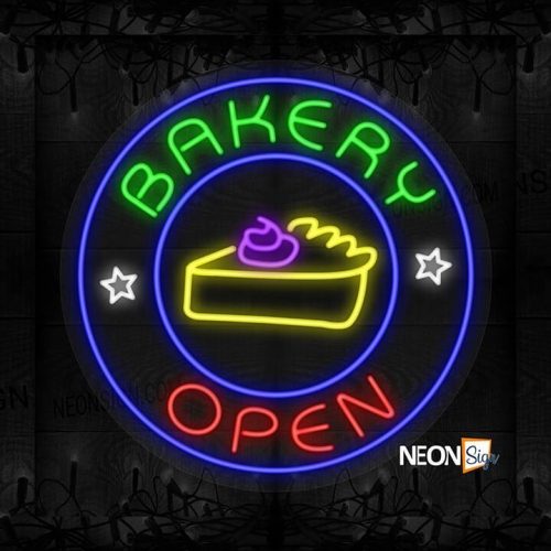 Image of Bakery Open with Pie in Blue Round Border LED Flex