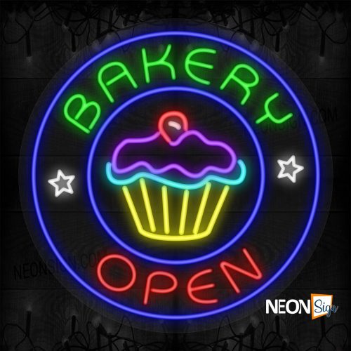 Image of Bakery Open with Cupcake in Blue Round Border LED Flex
