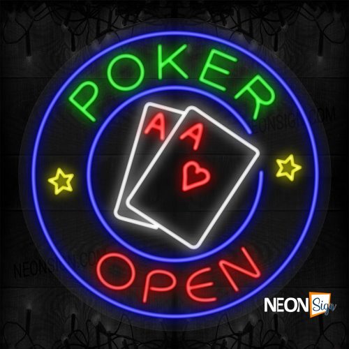 Image of Poker Open with 2 Playing Cards and Stars Blue Round Border LED Flex