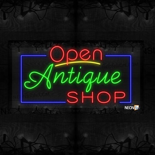 Image of Open Antique (Cursive) Shop with Blue Border LED Flex