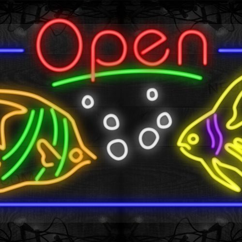 Image of Open with Two Fish Images, Bubbles, and Blue Border LED Flex SIgn