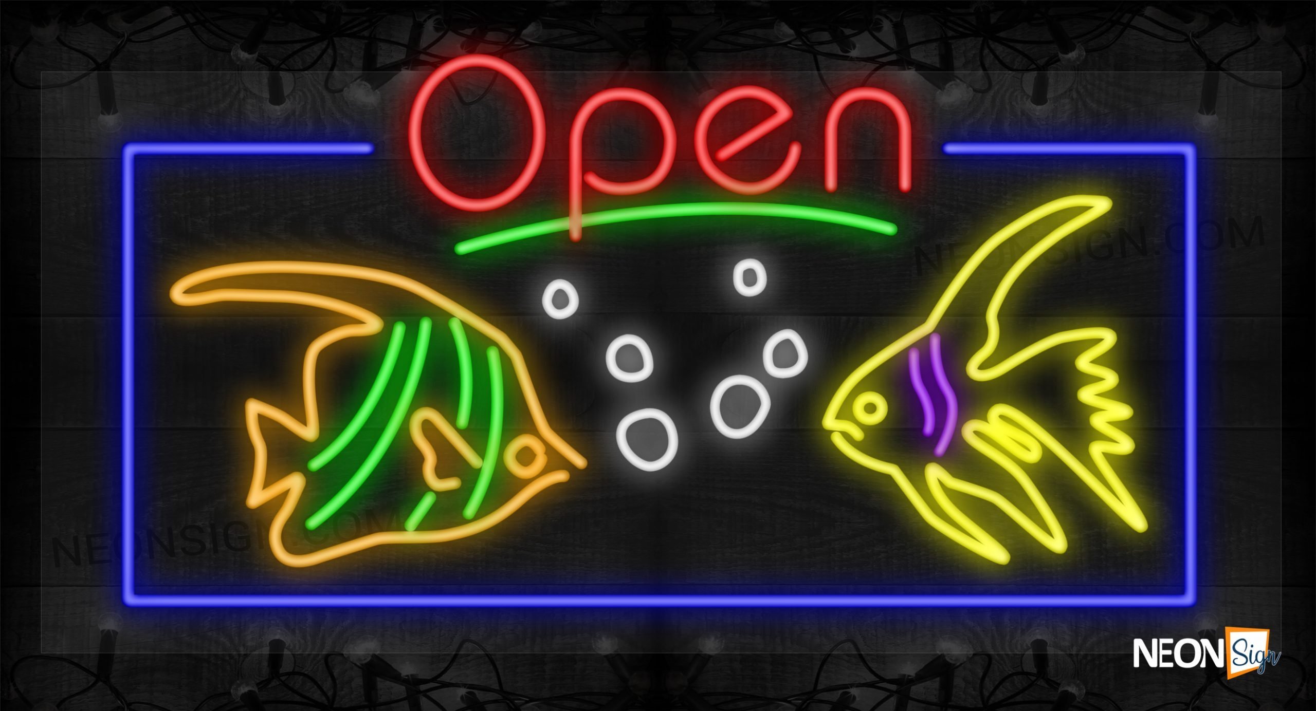 Image of Open with Two Fish Images, Bubbles, and Blue Border LED Flex SIgn