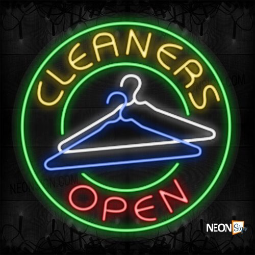 Image of Cleaners Open with hangers and green border LED Flex