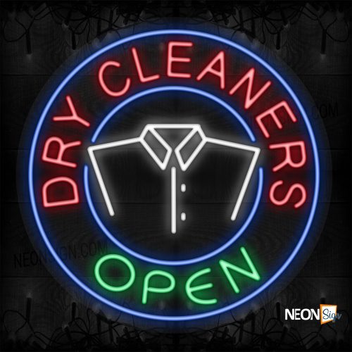 Image of Dry Cleaners OPEN with logo and blue circle border LED Flex