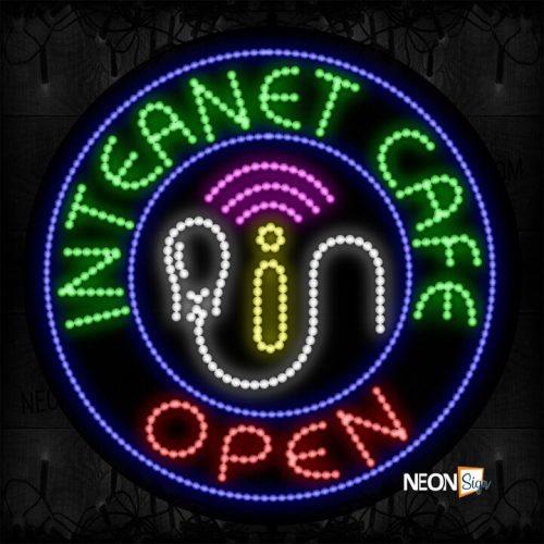 Internet Cafe Open With Blue Circle Border And Logo LED Bulb