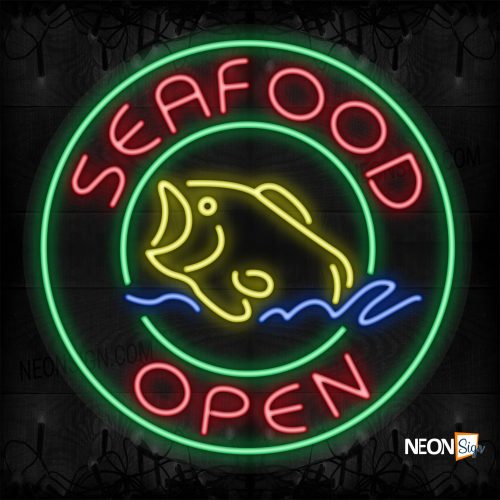 Seafood Open with logo and green circle border LED Flex