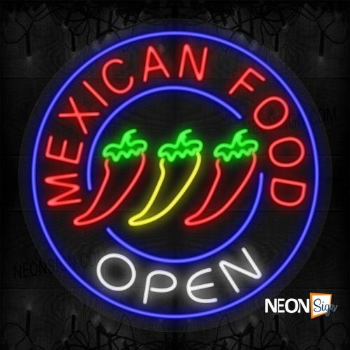 Mexican Food Open with 3 Chilis Blue Round Border  LED Flex