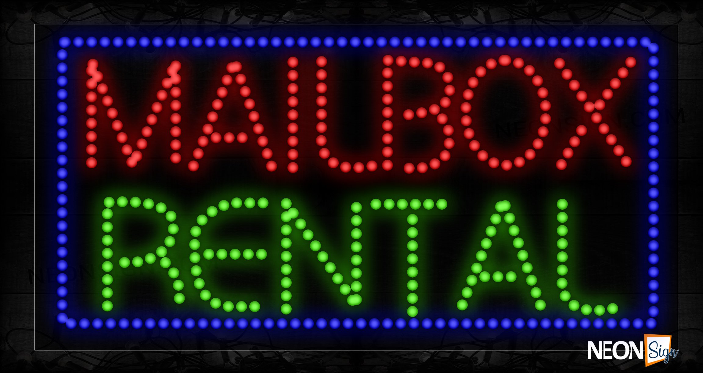 Image of Mailbox Rental in red and green with blue border LED Bulb