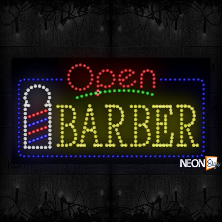 Image of Open Barber With Blue Border, Logo And Green Line LED Bulb